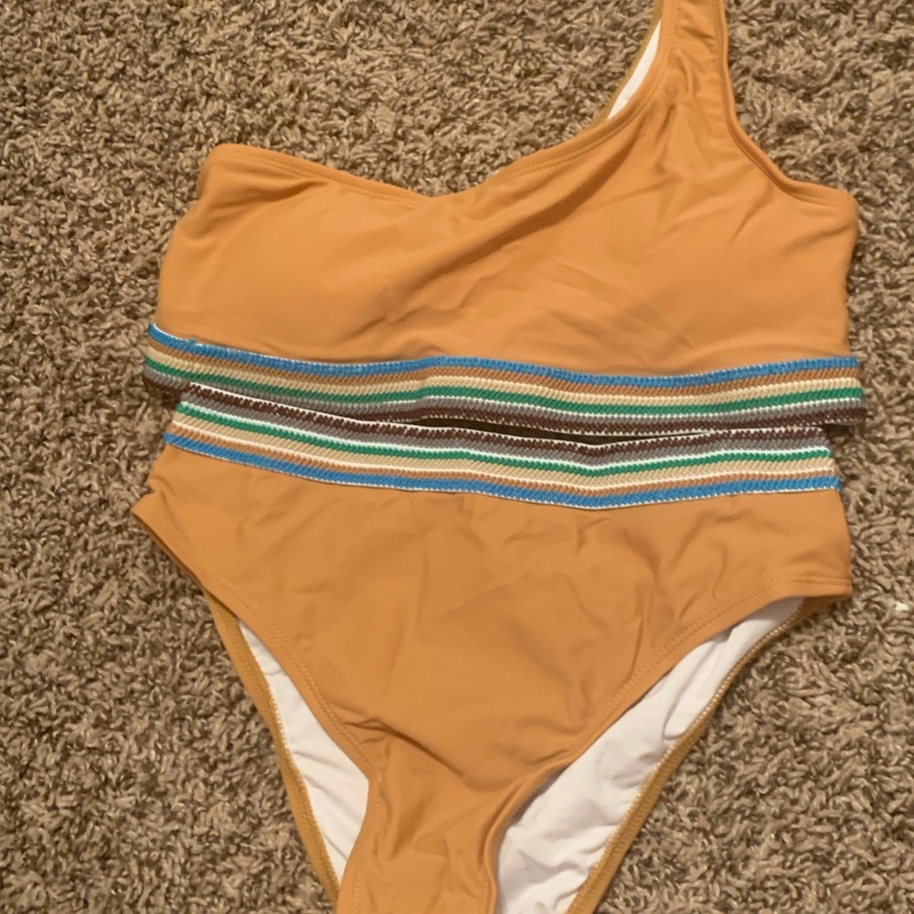 Kids One Piece Swimsuit in Tan with Stripes